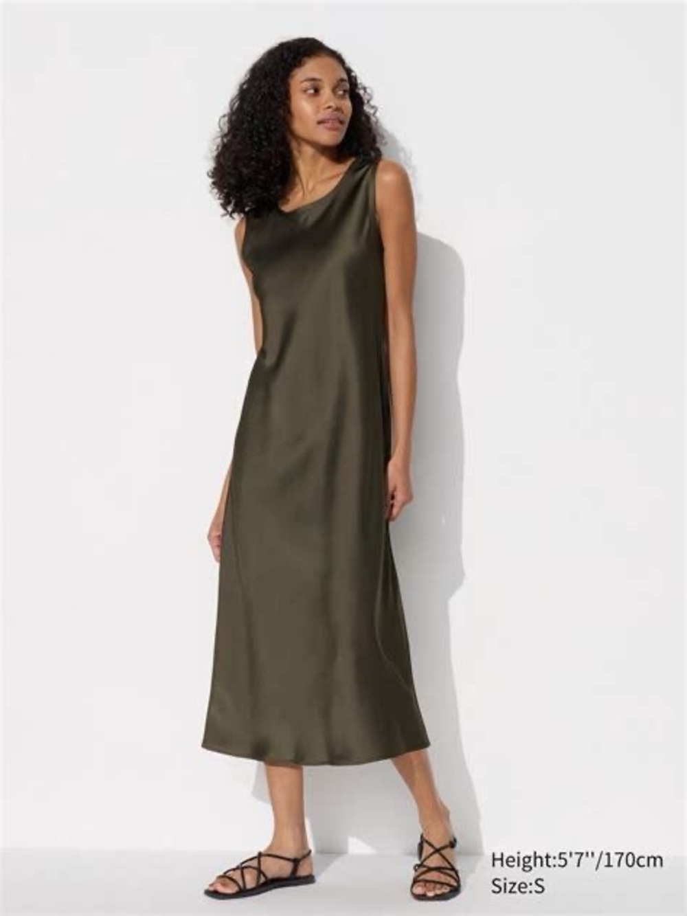 Uniqlo Satin Sleeveless Midi Dress in Olive Green